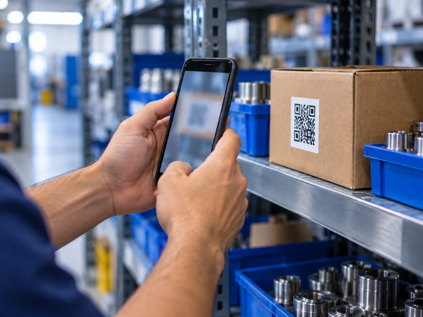 Almoxarife lendo pelo celular a etiqueta QR de uma caixa de peças